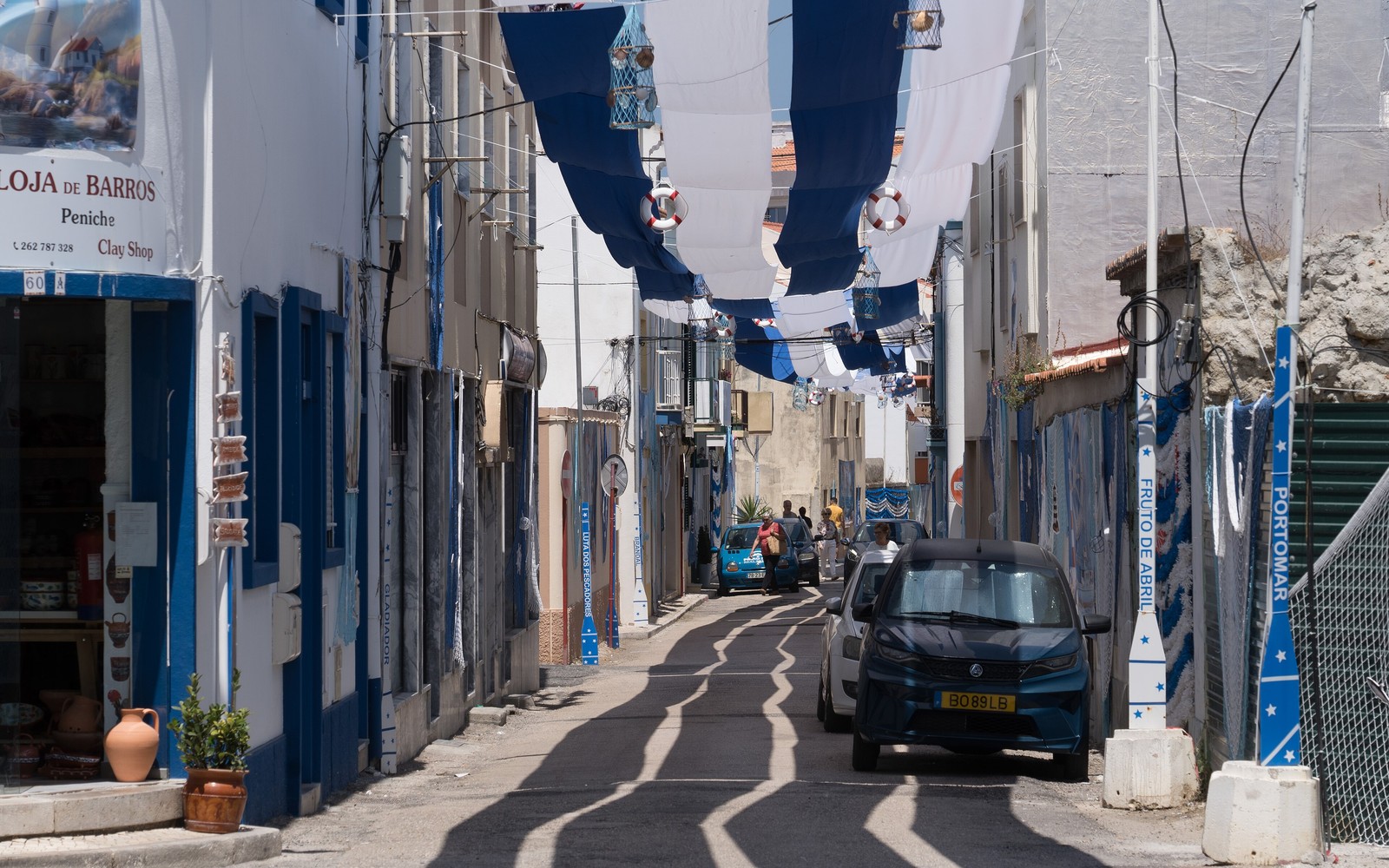 Blue-and-white decorated street in central Peniche