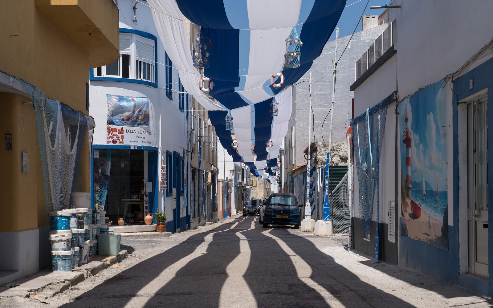 Walkable blue-and-white street in central Peniche