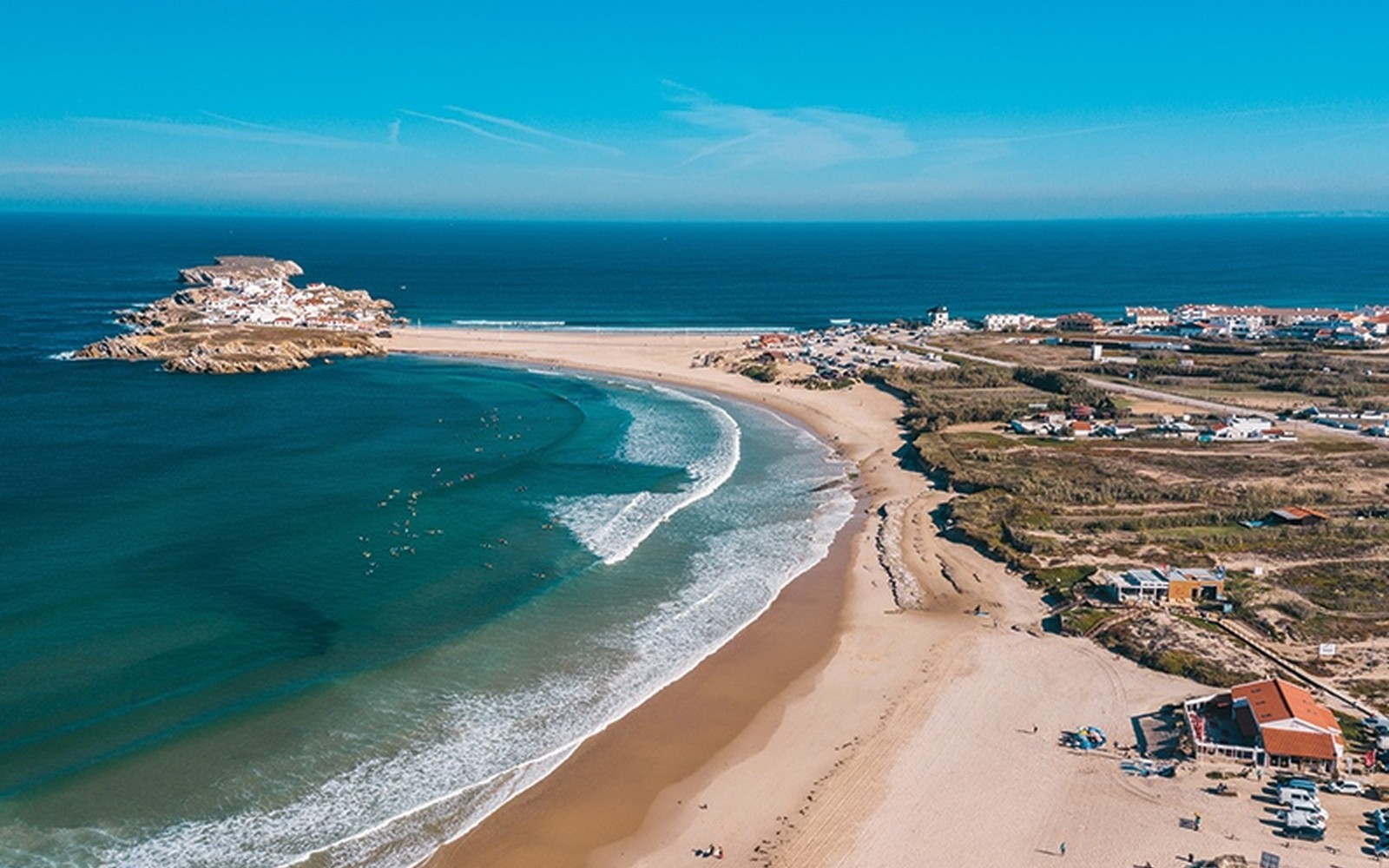 Aerial view of Baleal peninsula and its two surf beaches
