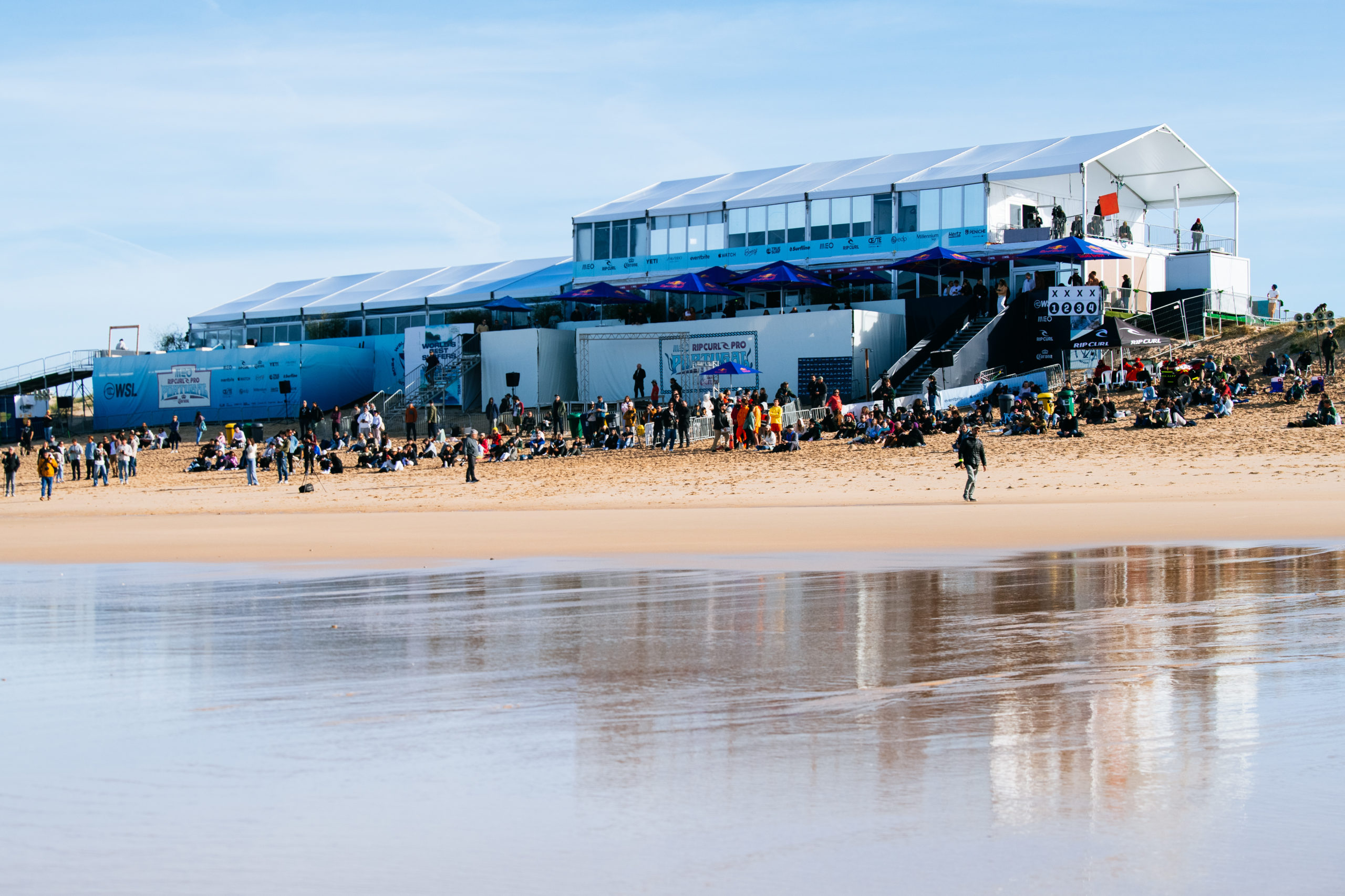MEO Rip Curl Pro Portugal event village and spectators on the beach in Peniche, 2024